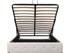 Gestoffeerd Opbergbed - 140X200Cm - Fluwelen Stof - Verstelbaar Blokpatroon Hoofdeinde - Creme