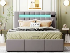 Gestoffeerd Opbergbed 140X200Cm - Fluwelen Stof - Met Led En Bluetooth Speler - Grijs