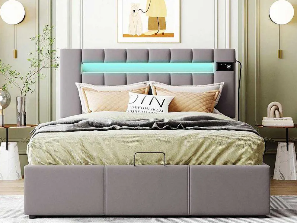 Gestoffeerd Opbergbed 140X200Cm - Fluwelen Stof - Met Led En Bluetooth Speler - Grijs