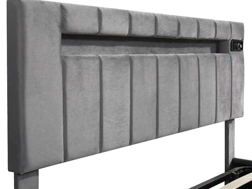 Gestoffeerd Opbergbed 140X200Cm - Fluwelen Stof - Met Led En Bluetooth Speler - Grijs