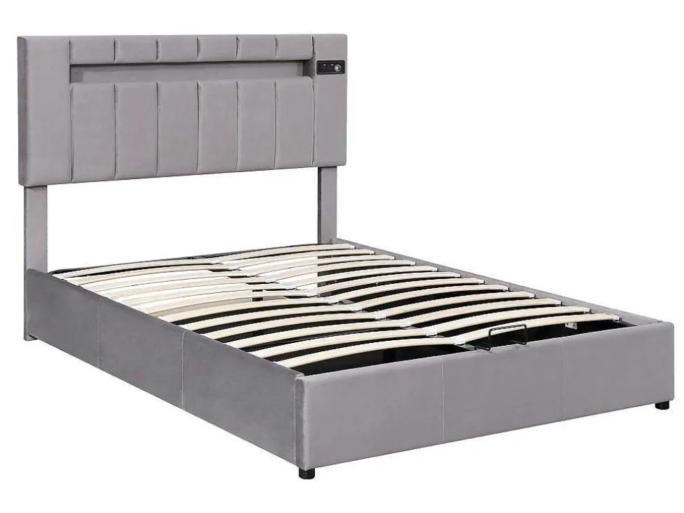 Gestoffeerd Opbergbed 140X200Cm - Fluwelen Stof - Met Led En Bluetooth Speler - Grijs