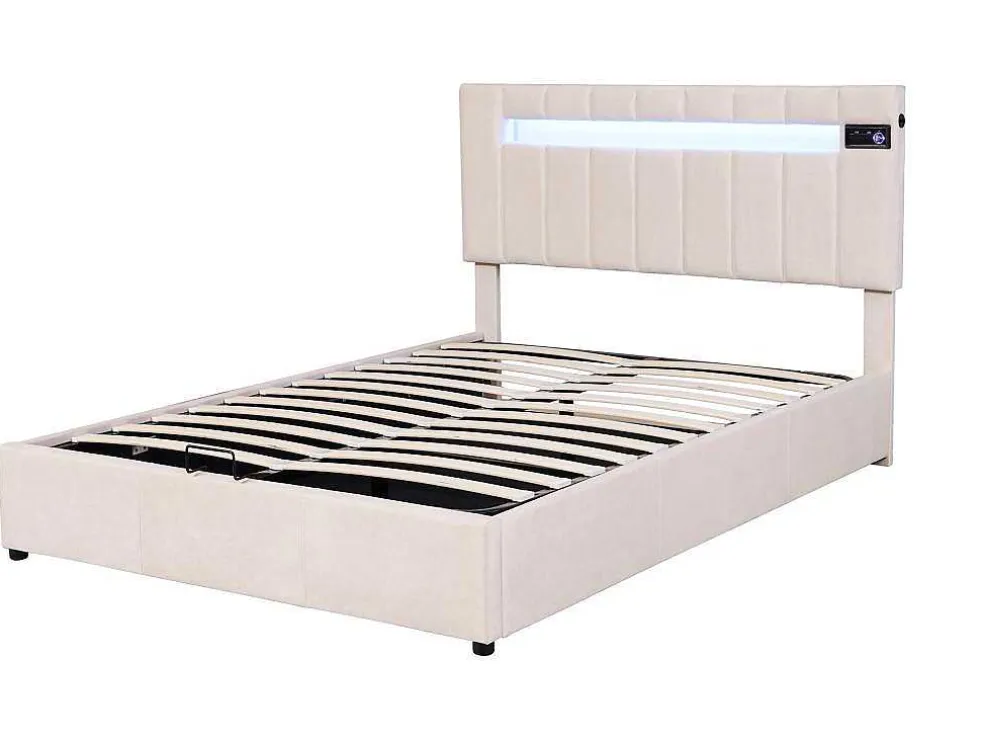 Gestoffeerd Opbergbed 140X200Cm - Stof Fluweel - Met Led En Bluetooth Speler - Beige