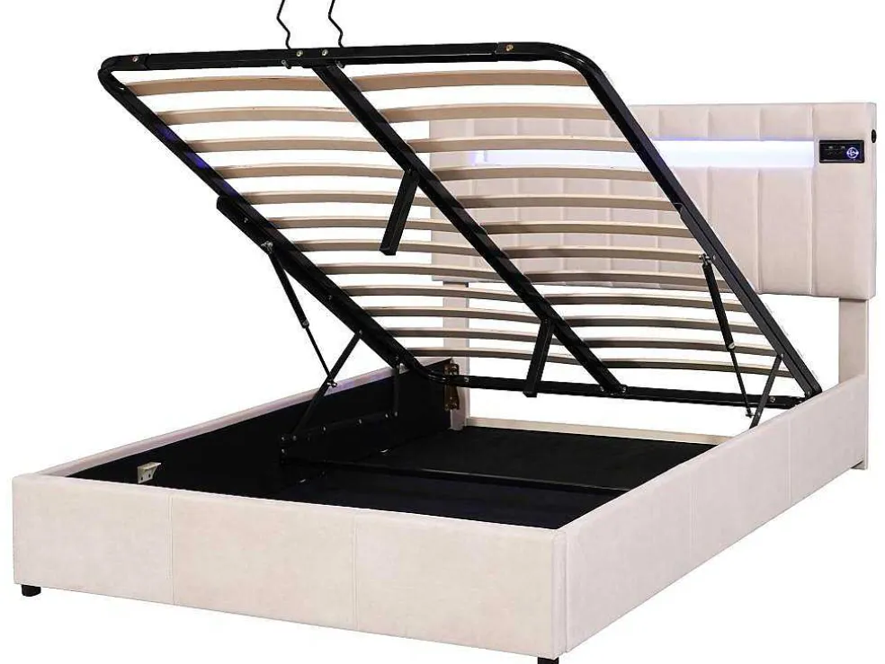 Gestoffeerd Opbergbed 140X200Cm - Stof Fluweel - Met Led En Bluetooth Speler - Beige