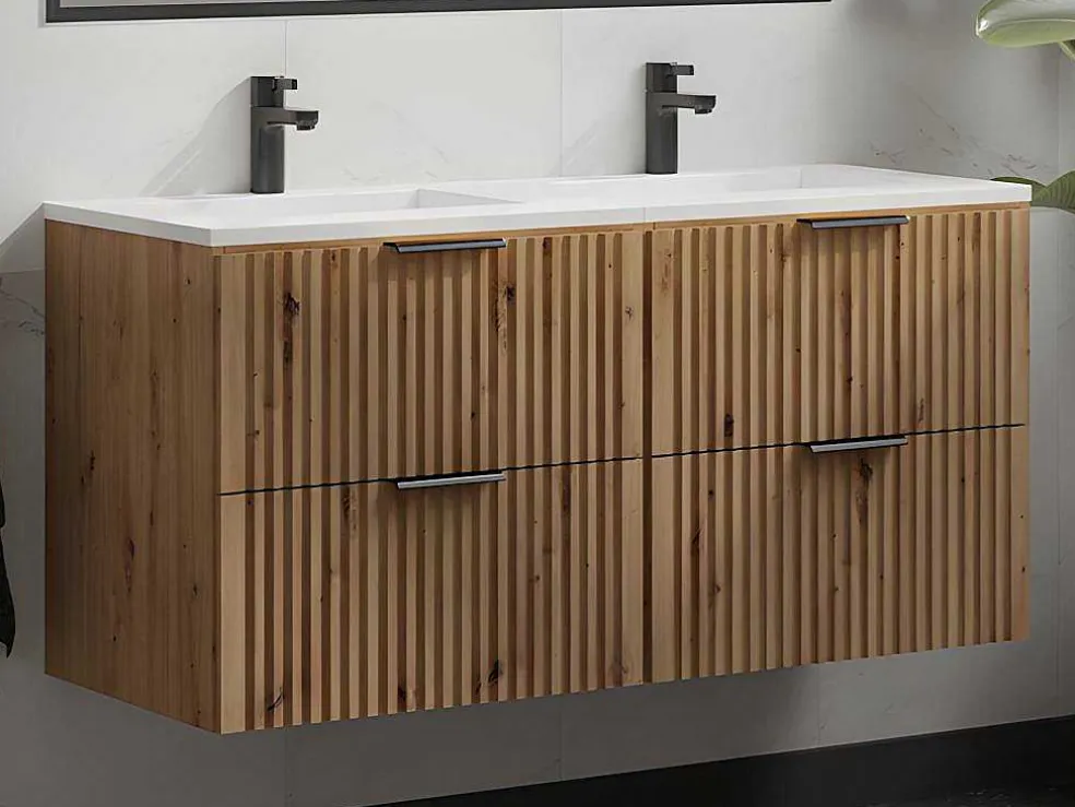 Gestreept Hangmeubel Voor Badkamer Met Inbouwwastafel - Licht Naturel - 120 Cm - Zevara