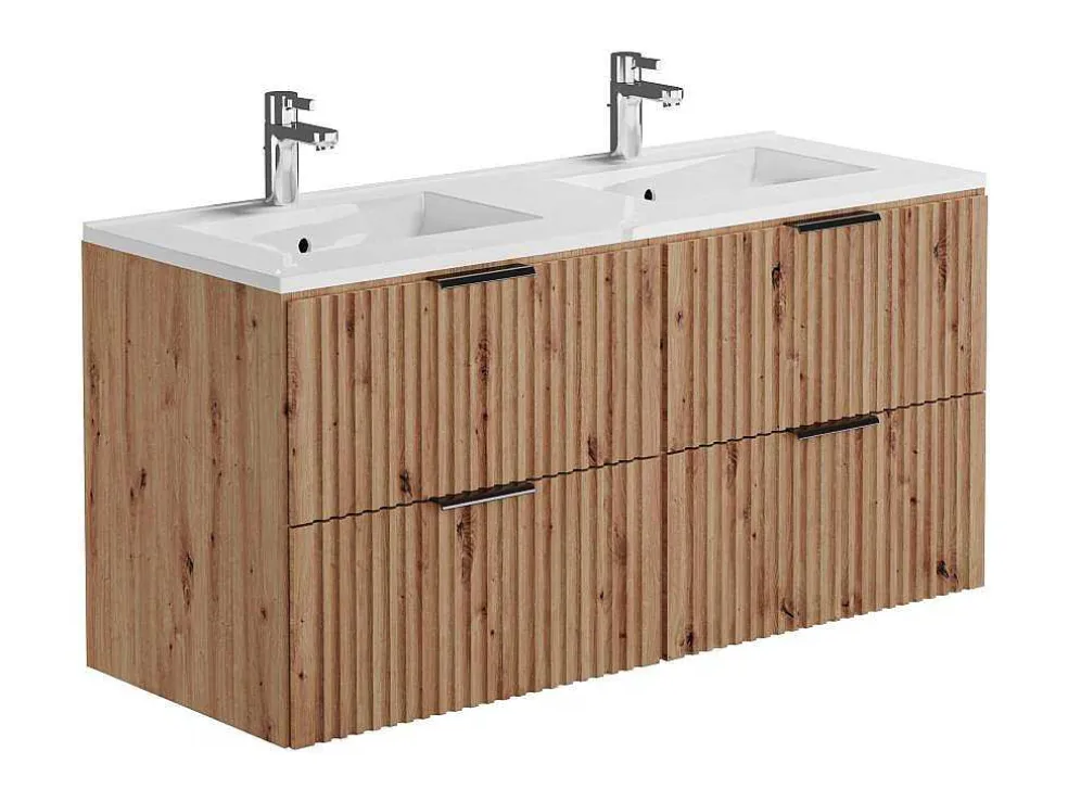 Gestreept Hangmeubel Voor Badkamer Met Inbouwwastafel - Licht Naturel - 120 Cm - Zevara