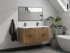 Gestreept Hangmeubel Voor Badkamer Met Inbouwwastafel - Licht Naturel - 120 Cm - Zevara