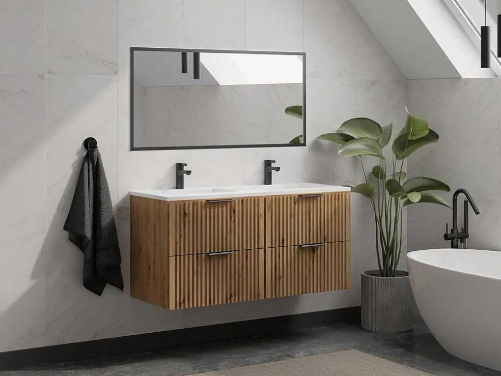 Gestreept Hangmeubel Voor Badkamer Met Inbouwwastafel - Licht Naturel - 120 Cm - Zevara