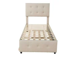 Getuft Onderschuifbed 90X200Cm - Verstelbaar Hoofdeinde - Linnen Stof - Beige