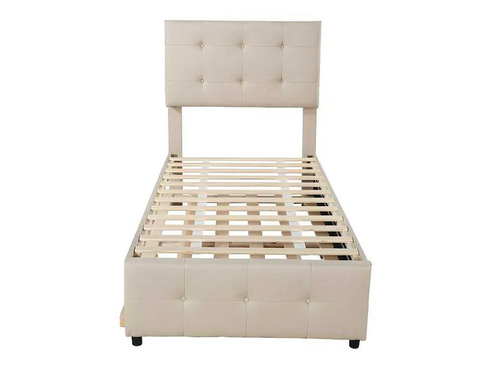 Getuft Onderschuifbed 90X200Cm - Verstelbaar Hoofdeinde - Linnen Stof - Beige