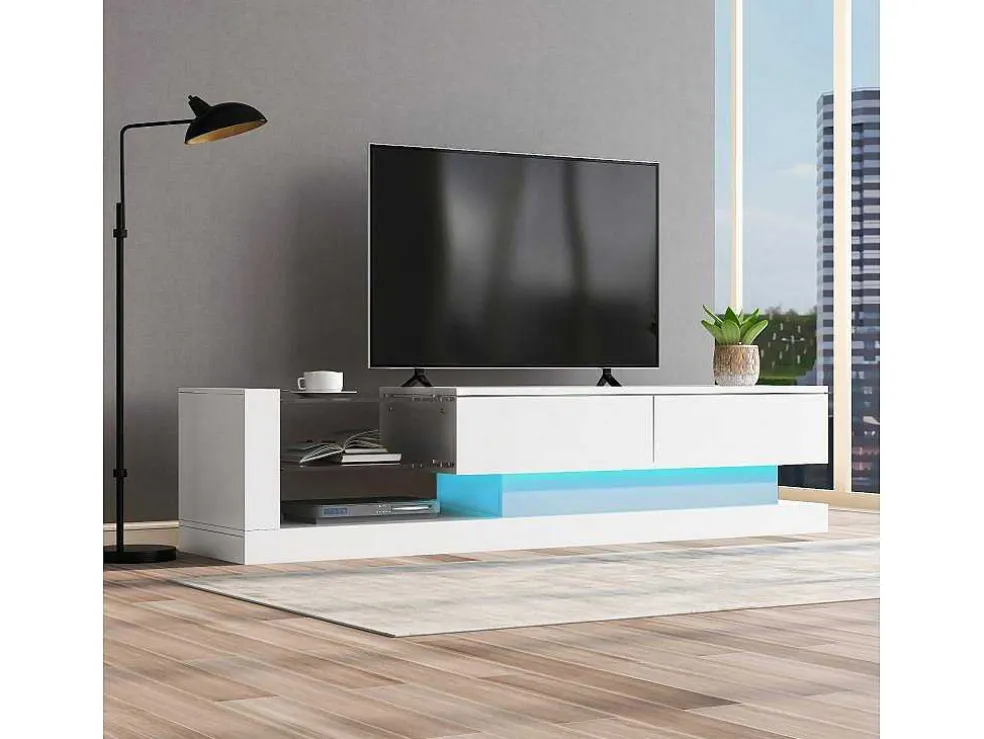 Glanzend Tv-Meubel Met 2 Deuren En 2 Glazen Planken - Spaanplaat - Led'S - Wit