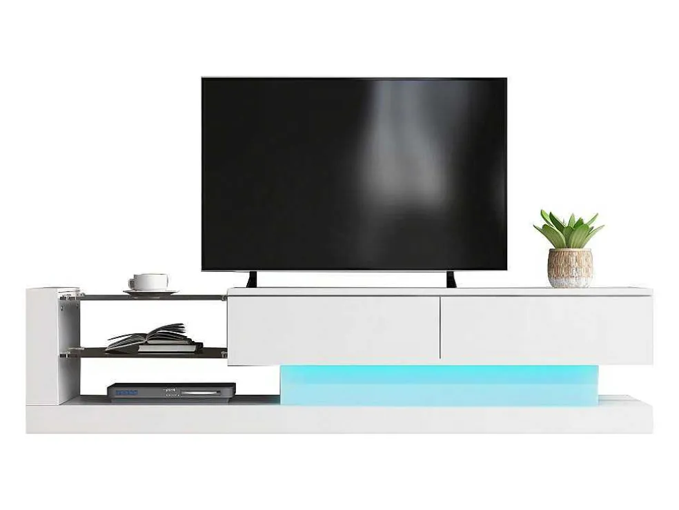 Glanzend Tv-Meubel Met 2 Deuren En 2 Glazen Planken - Spaanplaat - Led'S - Wit