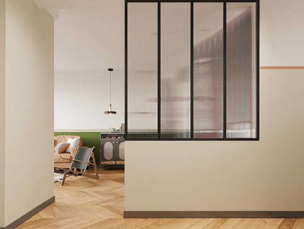 Glazen Binnenraam In Aluminium Met Poedercoating En Getextureerd Gehard Glas - 120 X 130 Cm - Zwart - Vietra