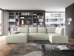 Grote Panoramische Omkeerbare Hoekslaapbank Met Hoek Links Van Beige Ribfluweel Amelia