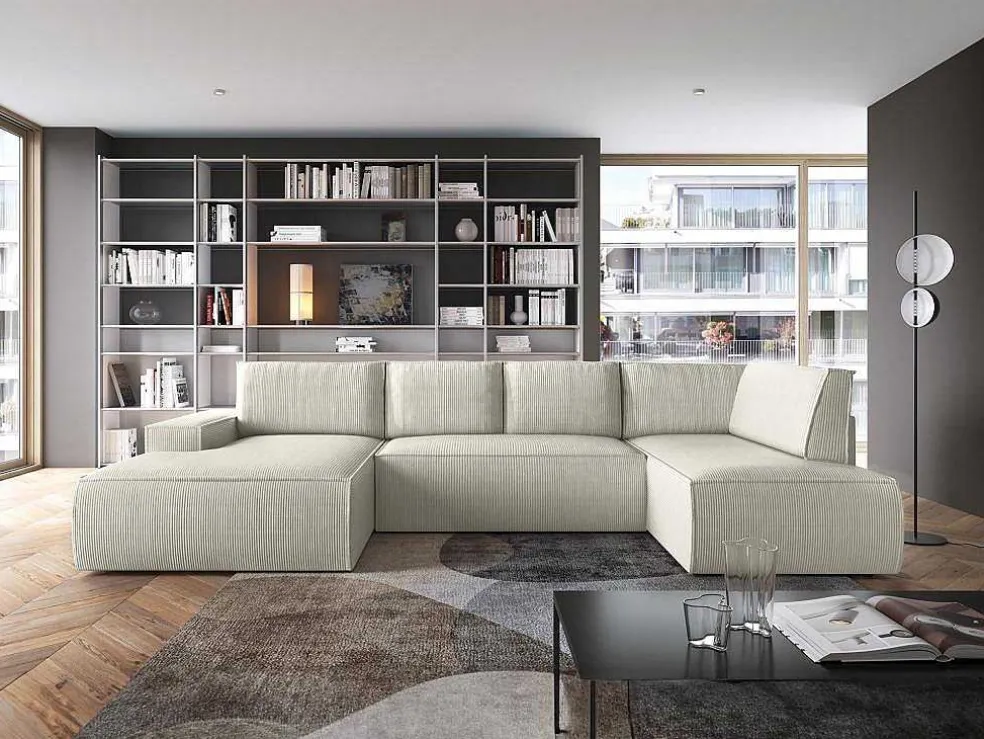 Grote Panoramische Omkeerbare Hoekslaapbank Met Hoek Links Van Beige Ribfluweel Amelia
