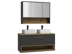 Hangend Badkamermeubel Met Dubbele Wastafel En Spiegelkast - Antraciet - 120 Cm - Yangra