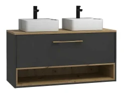 Hangend Badkamermeubel Met Dubbele Wastafel En Spiegelkast - Antraciet - 120 Cm - Yangra