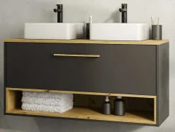 Hangend Badkamermeubel Met Dubbele Wastafel En Spiegelkast - Antraciet - 120 Cm - Yangra