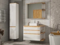 Hangend Badkamermeubel Met Wastafel, Zuil En Spiegelkast - Naturel En Wit - 94 Cm - Anid