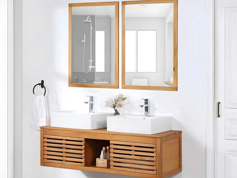 Hangend Badkamermeubel Van Acaciahout Met Dubbele Wastafel En Spiegels - 130 Cm - Penebel