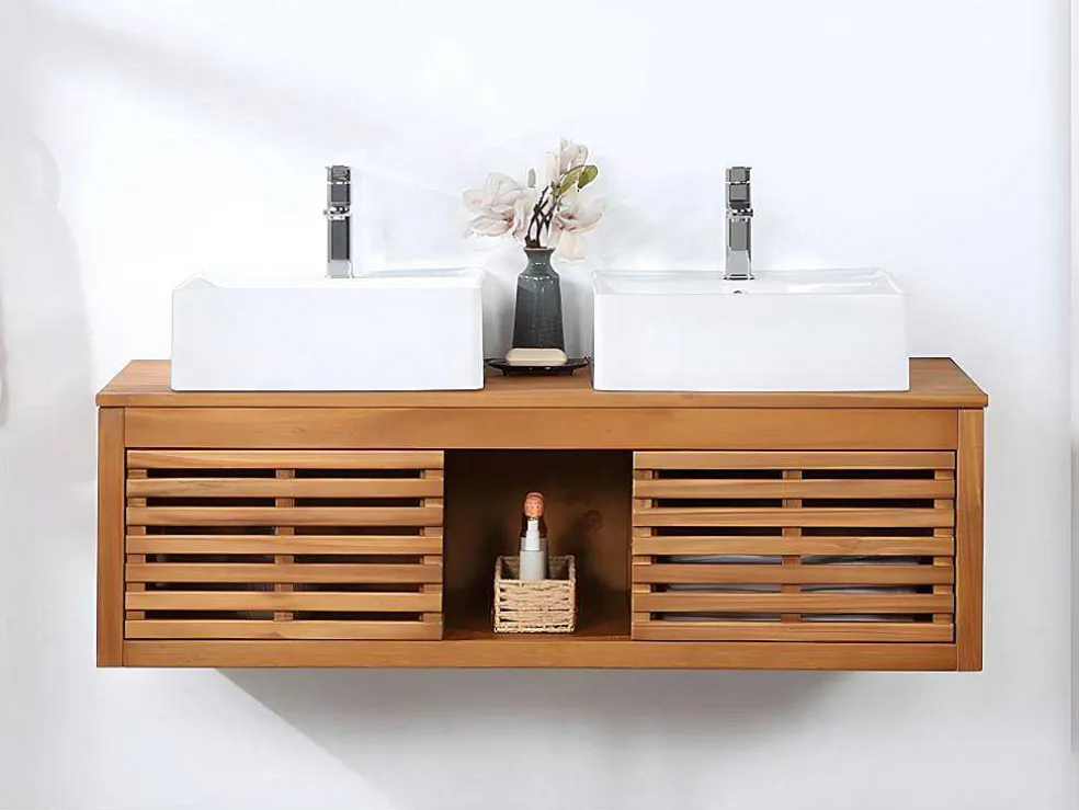 Hangend Badkamermeubel Van Acaciahout Met Dubbele Wastafel - 130 Cm - Penebel