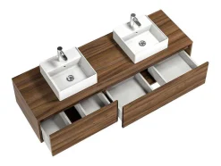 Hangend Badmeubel Met Donker Natuurlijke Kleur En Dubbele Wastafel - L150 Cm - Isaure Ii