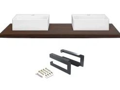 Hangend Bureau Van Donker Teakhout Met Zwarte Beugels En Dubbele Wastafel - 150 X 50 Cm - Sukawati