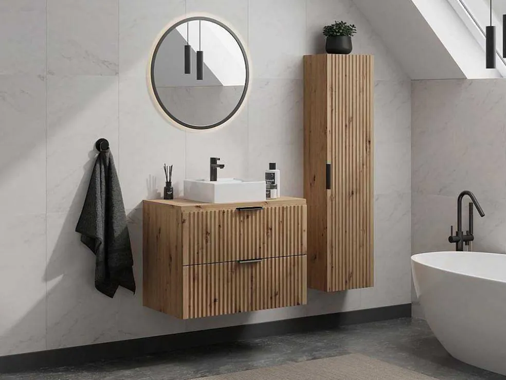 Hangend Geribbeld Badkamermeubel Met Wastafel Om Te Plaatsen - Licht Naturel - 80 Cm - Zevara