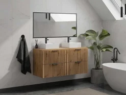 Hangend, Geribbeld Wastafelmeubel Met Opzetwastafel - Lichte Houtlook - L120 Cm - Zevara