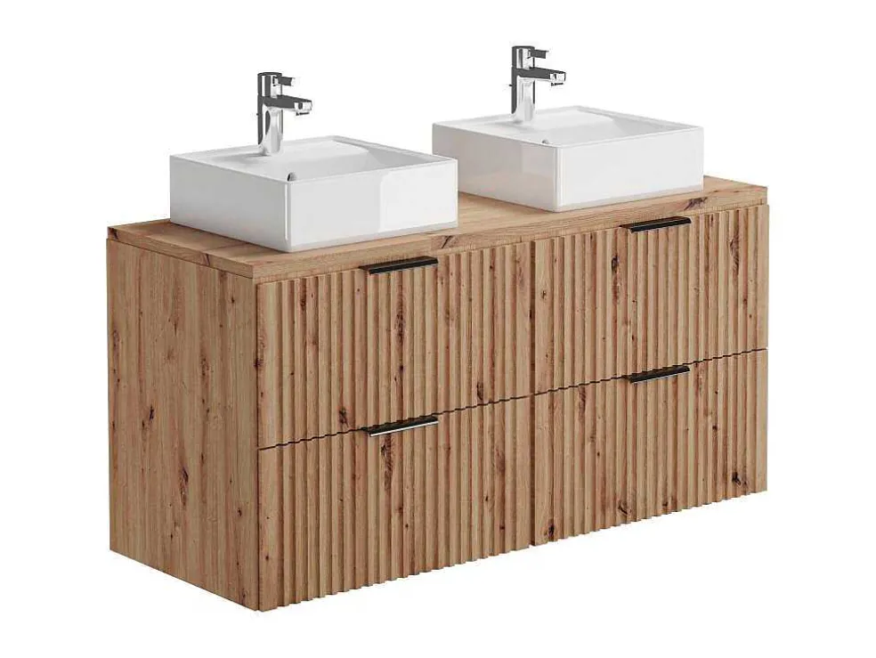 Hangend, Geribbeld Wastafelmeubel Met Opzetwastafel - Lichte Houtlook - L120 Cm - Zevara