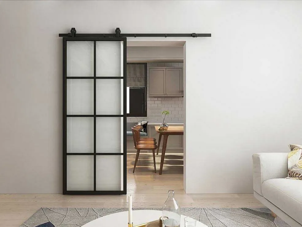 Hangende Schuifdeur H205 X L83 Cm Van Aluminium En Transparant Gehard Glas Wilden