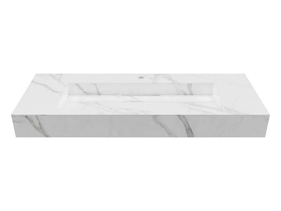 Hangende Solid Surface Wastafel In Wit Marmer Effect Takotna - L.120.2 X B.45.2 X H.8 Cm