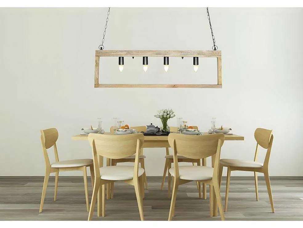 Hanglamp In Industriele Stijl Olius - Hout En Metaal - 4 Lampen - H31 X L100 Cm - Naturel En Zwart