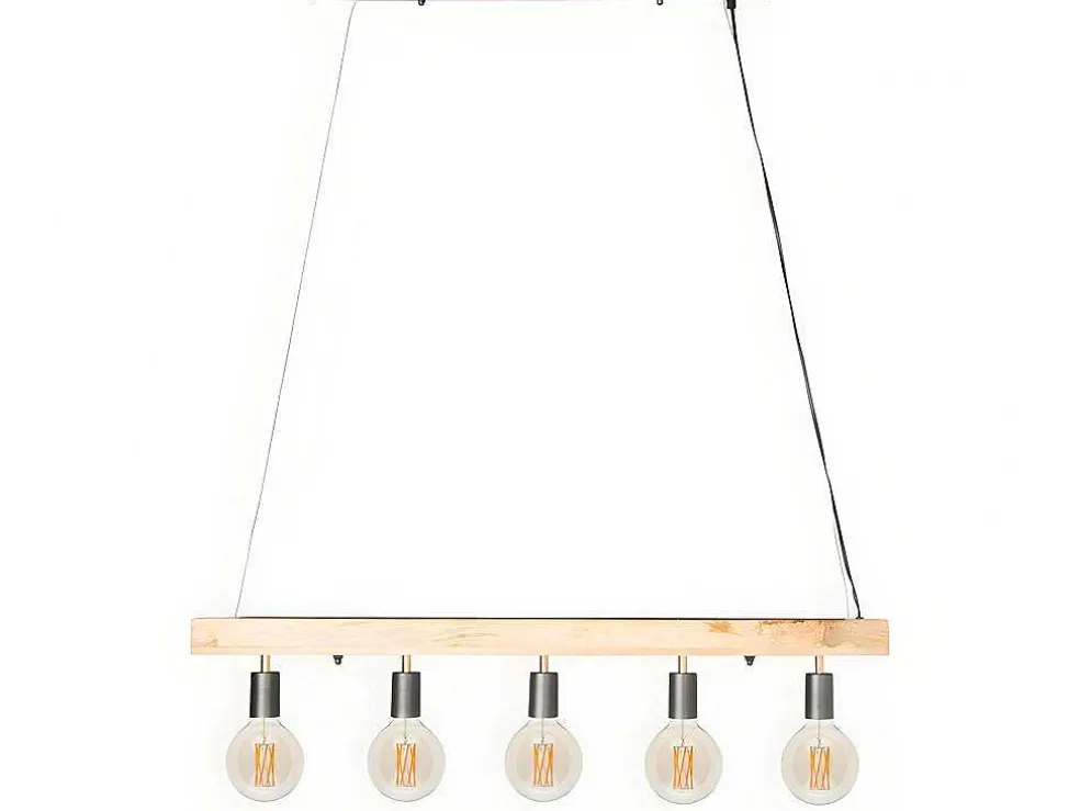 Hanglamp Van Hout Julbo Met 5 Lampen In Industriele Stijl - Hout En Metaal - H17,5 X L100 Cm - Naturel En Zwart