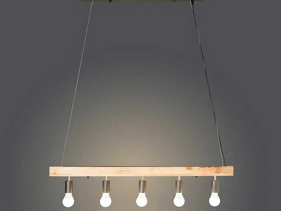 Hanglamp Van Hout Julbo Met 5 Lampen In Industriele Stijl - Hout En Metaal - H17,5 X L100 Cm - Naturel En Zwart