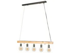 Hanglamp Van Hout Julbo Met 5 Lampen In Industriele Stijl - Hout En Metaal - H17,5 X L100 Cm - Naturel En Zwart