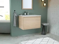 Hangmeubel Voor Badkamer Met Inbouwwastafel - Eikenfineer - 80 Cm - Mesliva