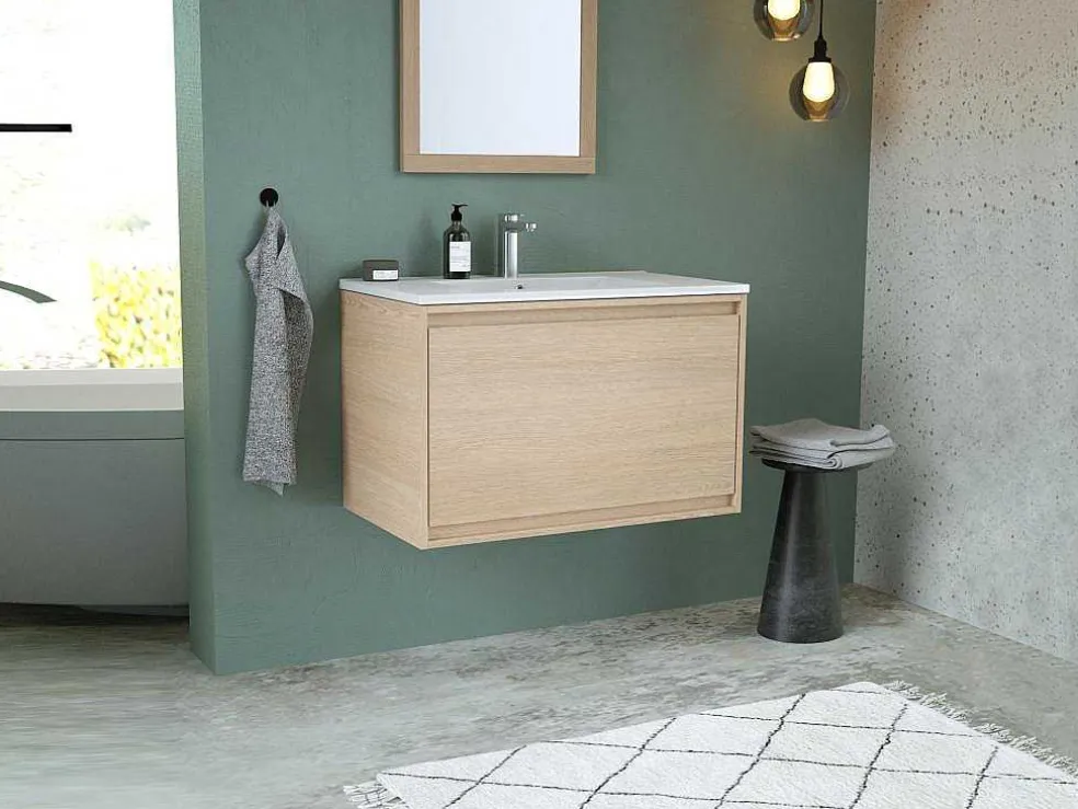 Hangmeubel Voor Badkamer Met Inbouwwastafel - Eikenfineer - 80 Cm - Mesliva