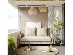 Hangstoel In Geweven Hars - Tuinschommel - 2 Plaatsen - Met Kussens - Beige
