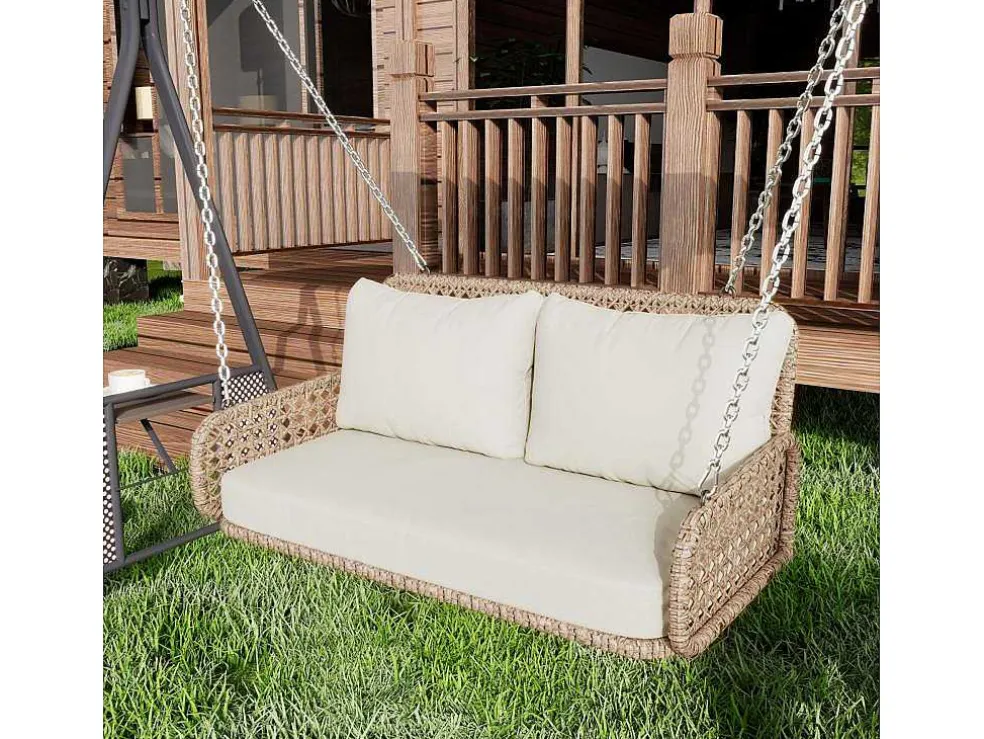 Hangstoel Van 240 Cm In Pe Rotan - 2 Plaatsen - Inclusief Kussens - Beige