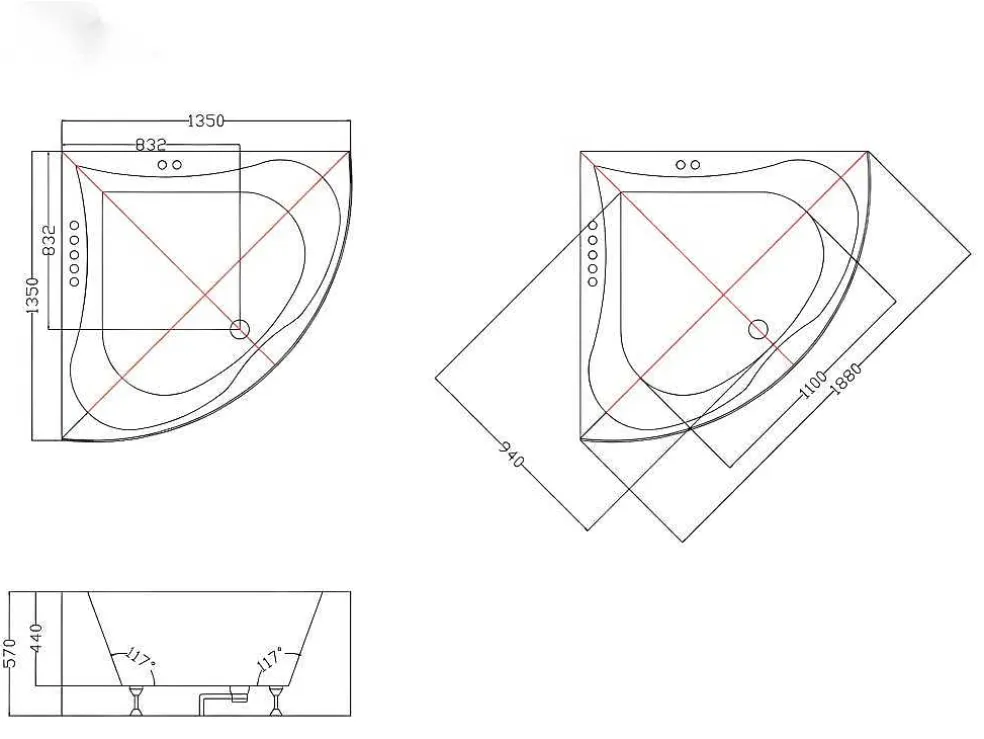 Hoekbadkuip Agyness - 263L - 135 X 135 X H57 Cm