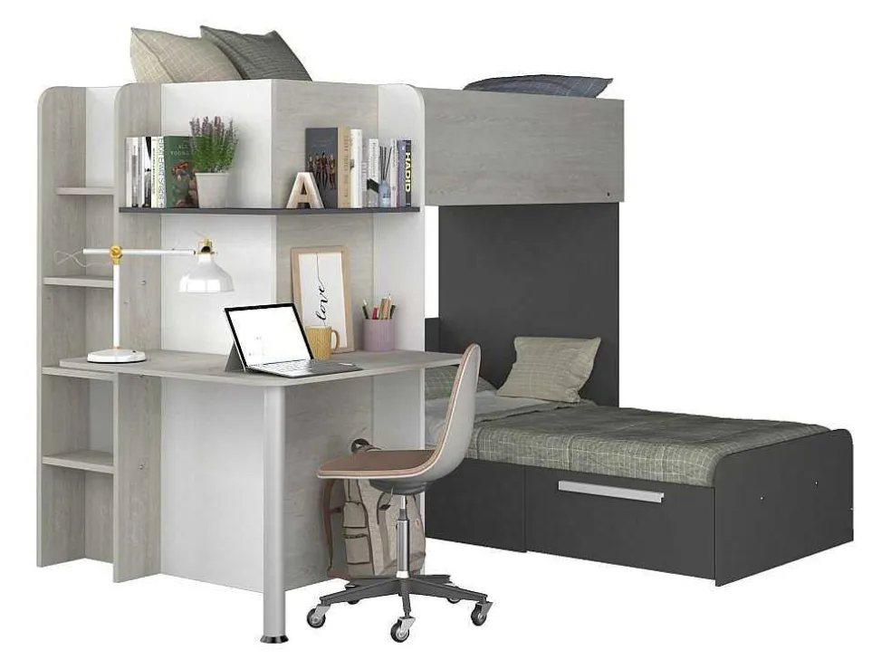 Hoekstapelbed 2 X 90 X 190 Cm - Met Bureau - Grijs, Wit En Zwart - Samuel