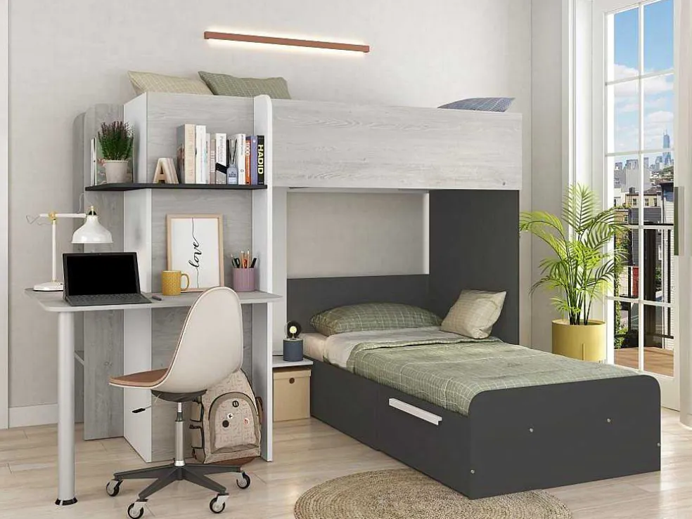 Hoekstapelbed 2 X 90 X 190 Cm - Met Bureau - Grijs, Wit En Zwart - Samuel