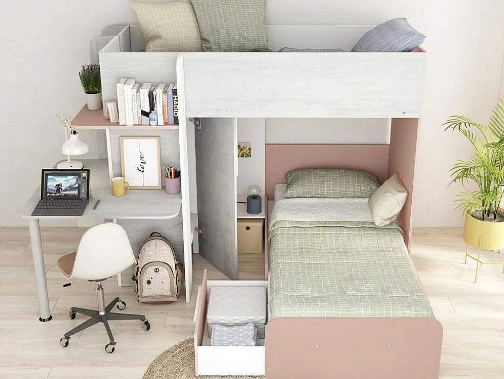 Hoekstapelbed 2 X 90 X 190 Cm - Met Bureau - Grijs, Wit En Roze + Matras - Samuel