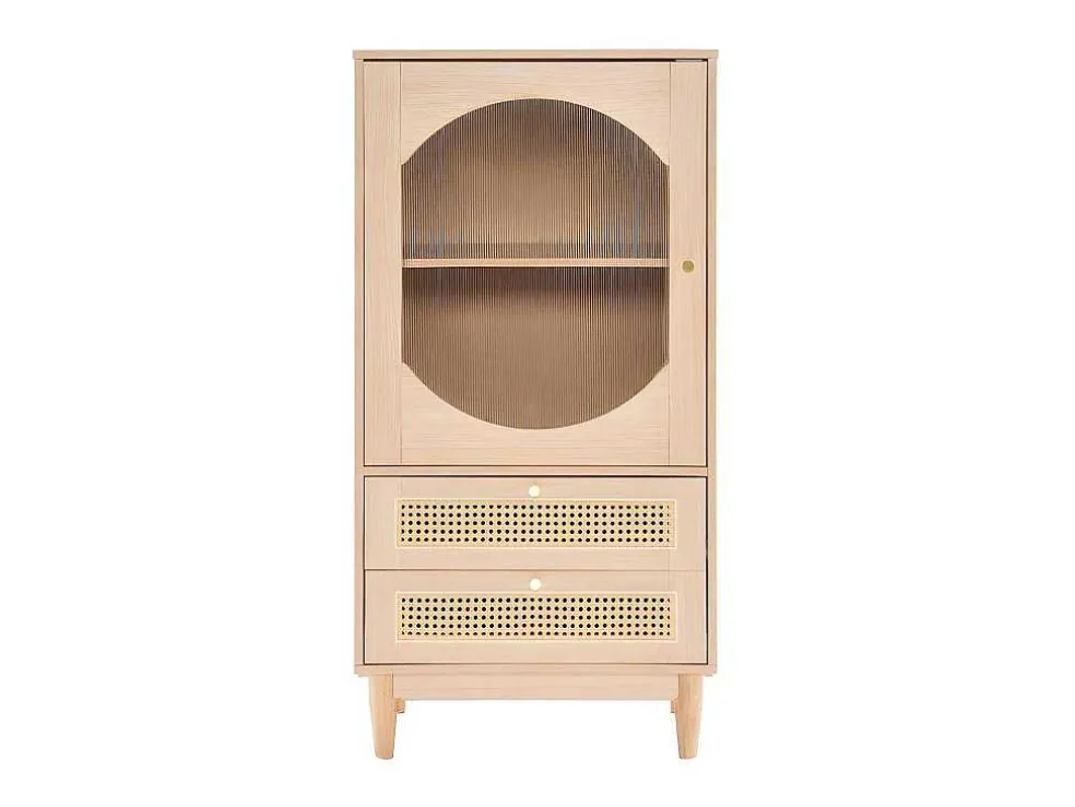Hoog Dressoir Met 1 Transparante Acryldeur En 2 Rotan Lades - Landelijke Stijl - Naturel