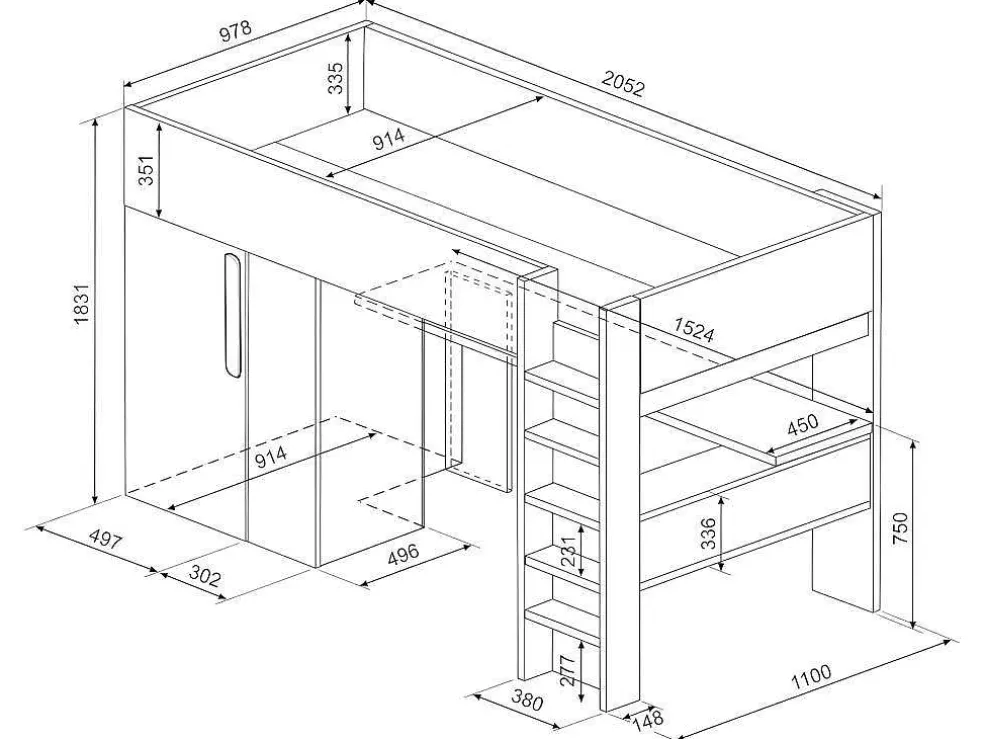 Hoogslaper - 90 X 200 Cm - Met Kast En Bureau - Roze En Wit - Nicolas