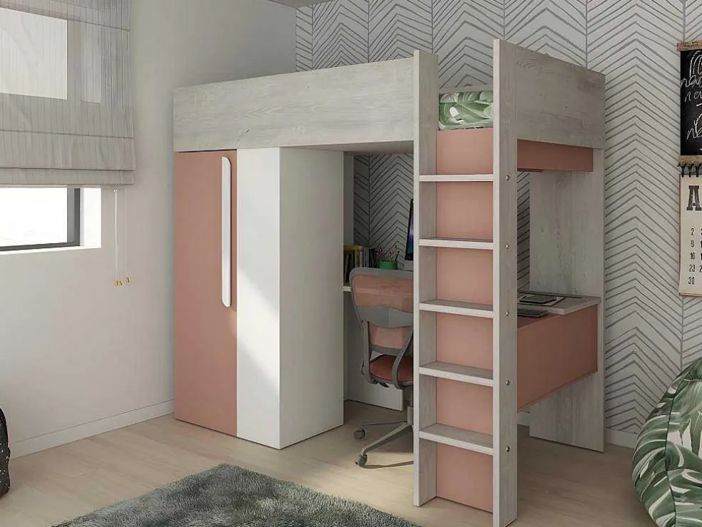 Hoogslaper - 90 X 200 Cm - Met Kast En Bureau - Roze En Wit + Matras -Nicolas