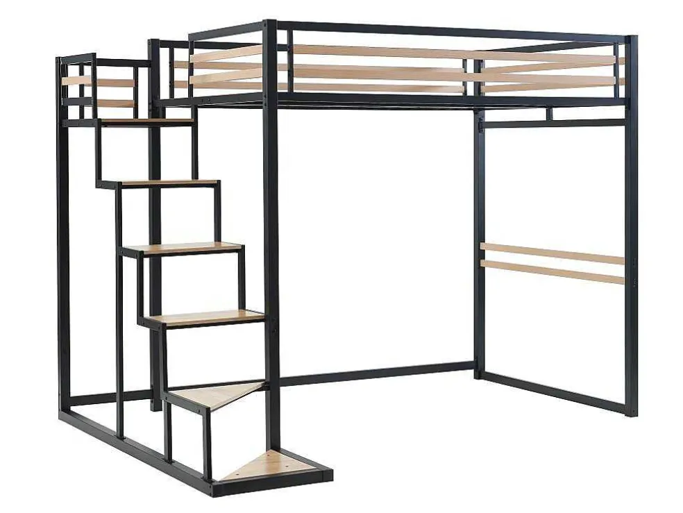 Hoogslaper 140 X 200 Cm - Metaal En Mdf - Zwart En Naturel + Matras - Jogui