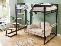 Hoogslaper 140 X 200 Cm - Metaal En Mdf - Zwart En Naturel + Matras - Jogui