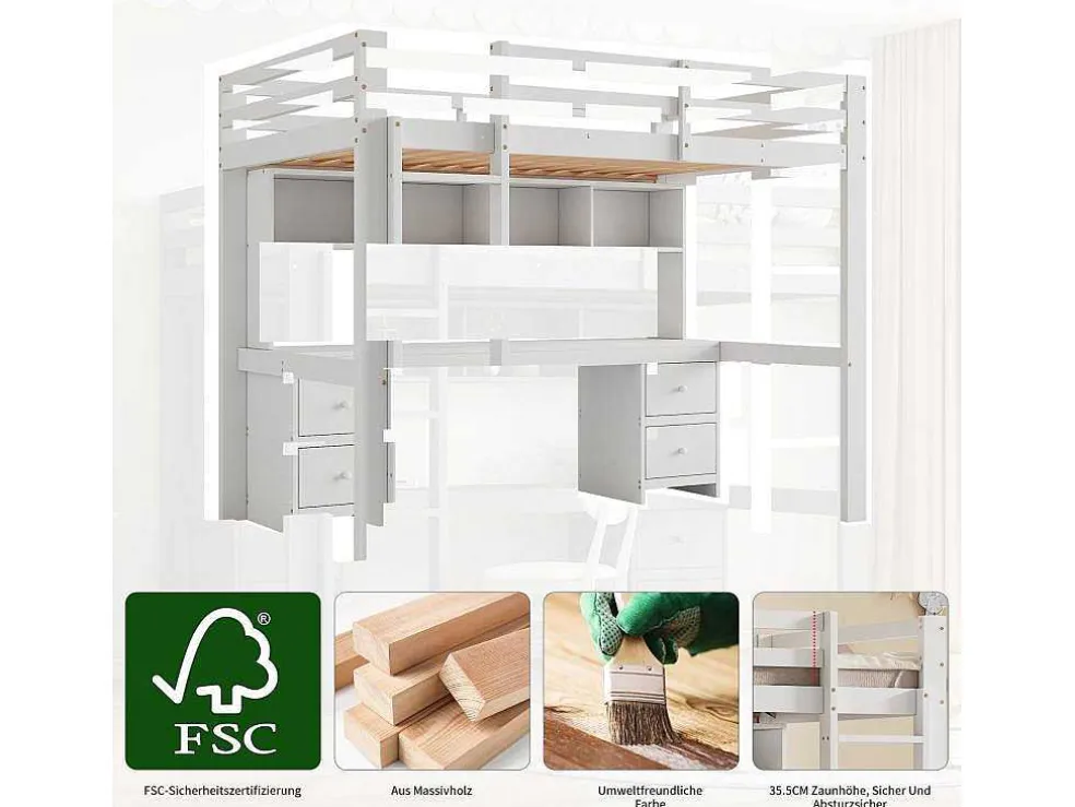 Hoogslaper 90 X 200 Cm Met Bureau, Boekenkast, Lades En Ladder, Mdf Hout, Wit