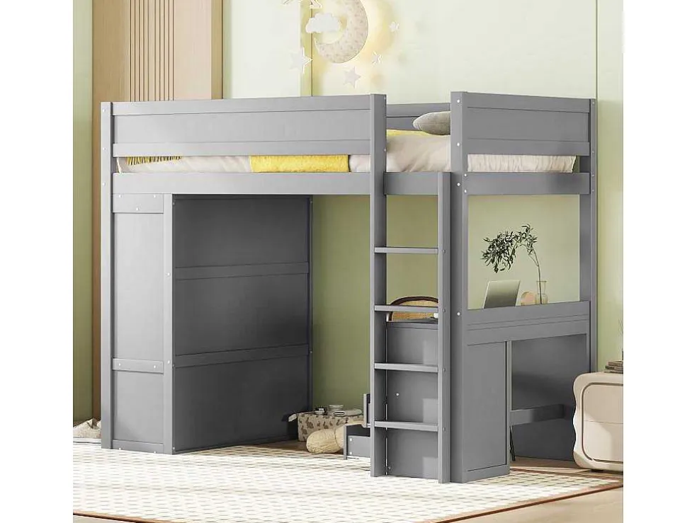 Hoogslaper 90 X 200 Cm Met Bureau + 2 Laden - Kledingkast Met Schuifdeur - Mdf Hout - Grijs